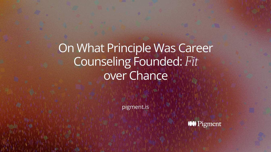 Abstract composition of two clusters of soft shapes, one for a person and one for a job, joined by a single straight line, illustrating the founding principle of career counseling