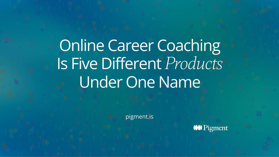 Abstract composition on cream: five separate clusters of peach, lavender, lilac, mint and ice shapes under one thin charcoal line, suggesting online career coaching as five products under one name.