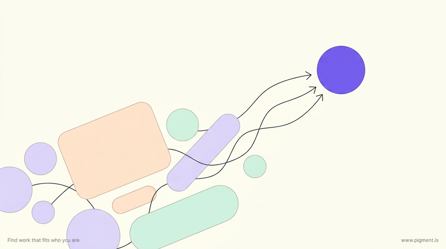 Abstract geometric composition in warm peach, lavender, and mint on cream, soft shapes drifting toward one violet circle, evoking the choice of the right kind of help.