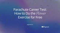 Abstract seven-petal flower of soft peach, lavender, lilac, mint, and ice blue shapes around a center, for a guide to the parachute career test and the Flower Exercise