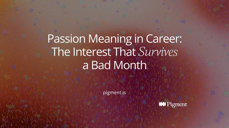 Abstract cover for a guide to passion meaning in career: one steady violet line running through rising and falling pastel shapes