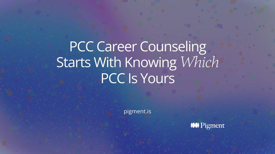 Abstract cover for a PCC career counseling guide: five separate peach, lavender, mint, and ice circles on cream, each linked by a thin line to one small violet dot