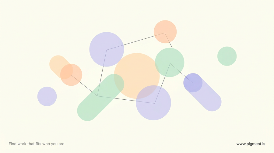 Abstract composition of soft overlapping circles and rounded rectangles in lavender, peach, and mint on a warm cream background, evoking a calm, structured personality assessment in mental health.