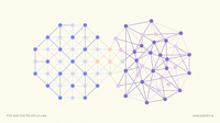 Abstract Pigment hero: two geometric dot-and-line constellations side by side, one orderly in blue, one denser in violet, meeting at warm accent dots in the center.