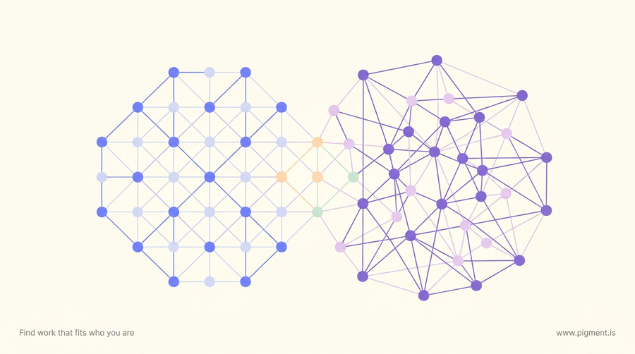 Abstract Pigment hero: two geometric dot-and-line constellations side by side, one orderly in blue, one denser in violet, meeting at warm accent dots in the center.