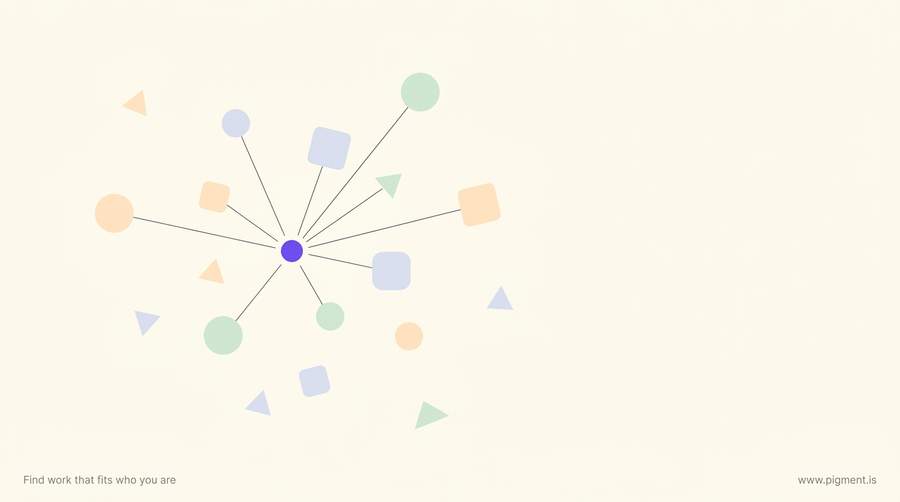 Abstract warm constellation of small geometric shapes in peach, lavender and mint on cream, orbiting a single point, evoking many different personality tests answering one question