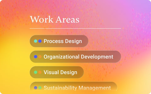 Pigment 33 work areas cover showing Process Design, Organizational Development, Visual Design, and Sustainability Management on a pink-orange gradient