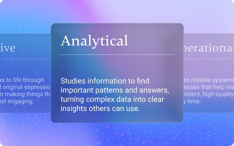 Pigment five types of work cover featuring the Analytical work type card on a blue-violet gradient
