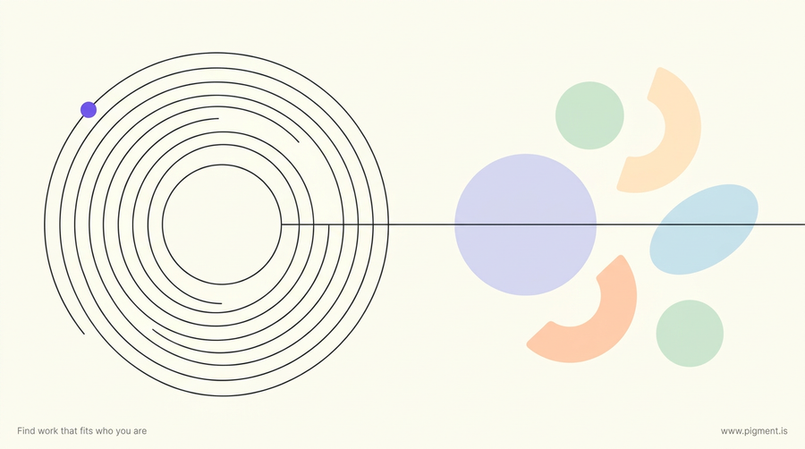 Abstract geometric composition contrasting a precise instrument-like arc opening into an aperture, the cockpit a pilot aptitude test opens, with a loose field of soft pastel shapes, the life conditions that decide whether you stay.