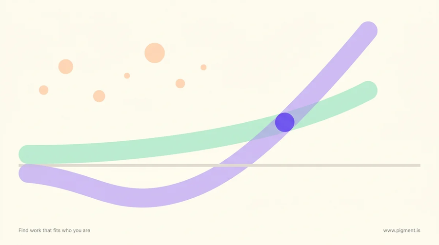 Abstract geometric composition of two rising forms on cream, one dipping below a baseline before climbing steeply and one rising gently from it, crossing at a single marked point