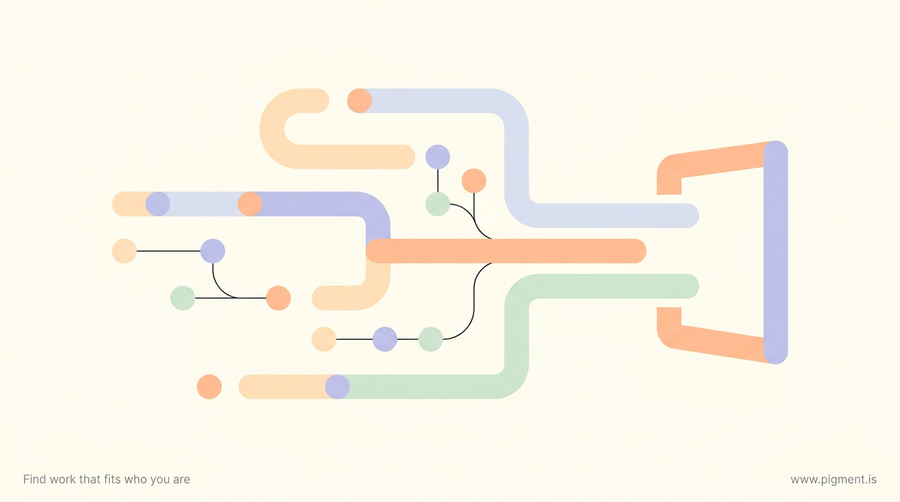 Abstract warm geometric composition of jointed pipe-like segments and nodes converging toward a single gateway, evoking the pipefitter aptitude test as the entry to the trade.