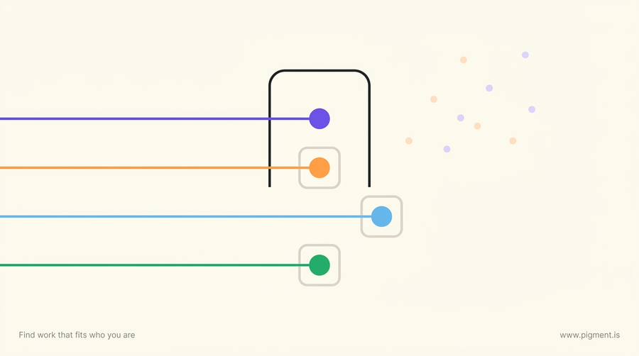 Abstract geometric composition of four coloured paths converging on a single open doorway, with three of the four arrival points closed, standing for the four USPS exam versions and the one you are assigned