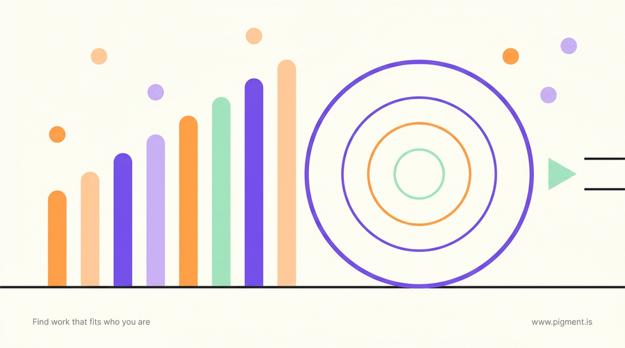Abstract flat vector composition in warm peach, violet and mint on cream, suggesting a measured gate of geometric forms opening toward an arc of light.