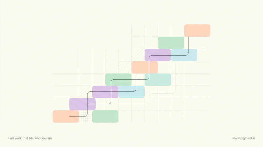 Abstract geometric composition of small rounded blocks in peach, lavender, mint and ice blue rising like a staircase on a warm cream background, evoking pre-algebra skills building toward algebra.