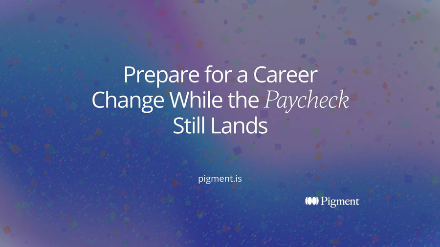 Abstract composition on cream: a steady row of small pastel tiles leads step by step toward one violet tile, a picture of preparing for a career change while still employed.