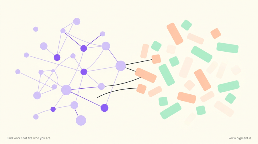 Abstract warm-toned hero for a coding aptitude test guide: an orderly lavender constellation of learnable reasoning meets a looser scatter of peach and mint tiles for the daily life of programming, bridged into one picture on cream
