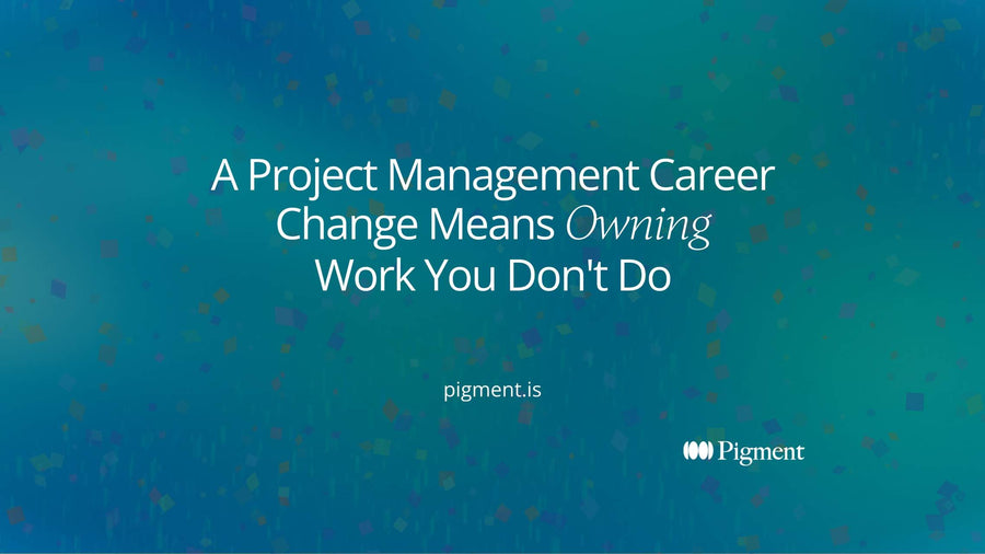 Abstract composition on cream: scattered pastel shapes on the left gather along thin lines into one violet ring on the right, suggesting a project management career change from doing work to coordinating it