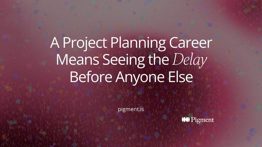 Abstract composition for a project planning career: a row of linked bars of different lengths leading to a finish marker, one bar in violet nudging the marker later, in peach, mint and lavender on cream.