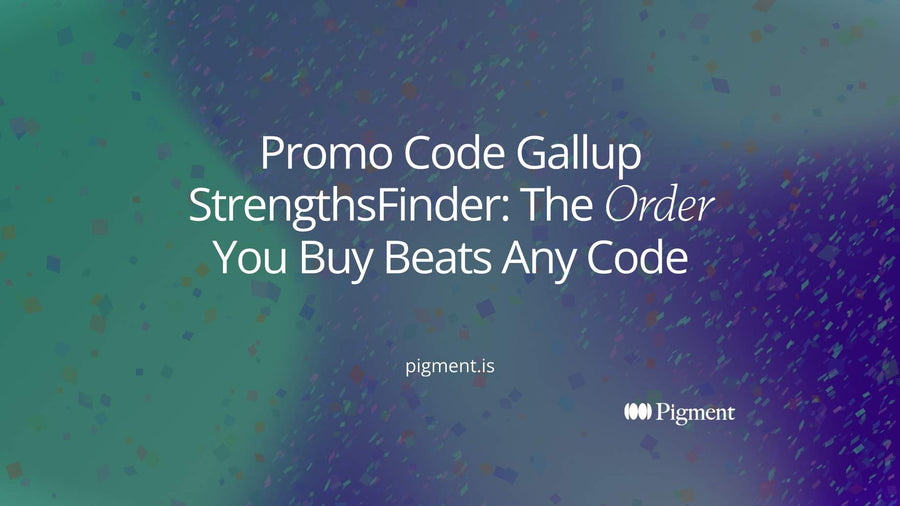 Abstract Pigment illustration on cream: a peach price tag shape beside a lavender ticket stub with a mint path between them, evoking the search for a Gallup StrengthsFinder promo code.