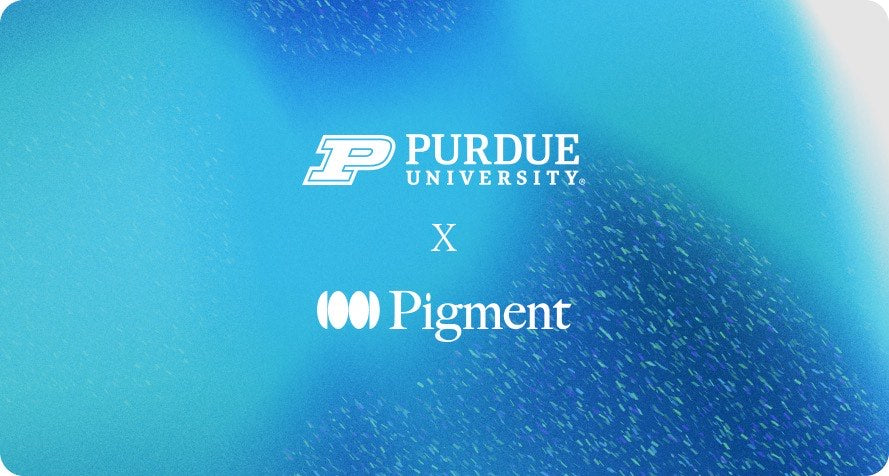 Purdue University and Pigment partnership card on a textured blue gradient background