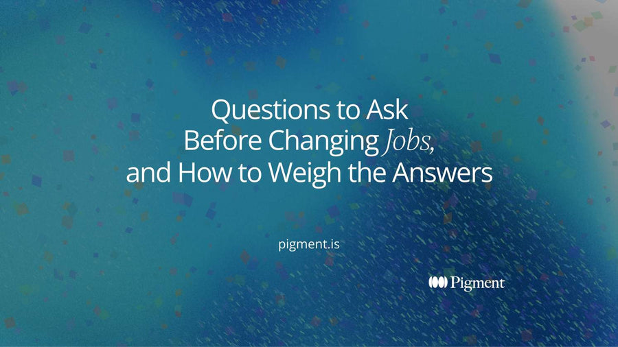 Abstract cover for questions to ask before changing jobs: four pastel rounded blocks in a row leading to one small dark circle