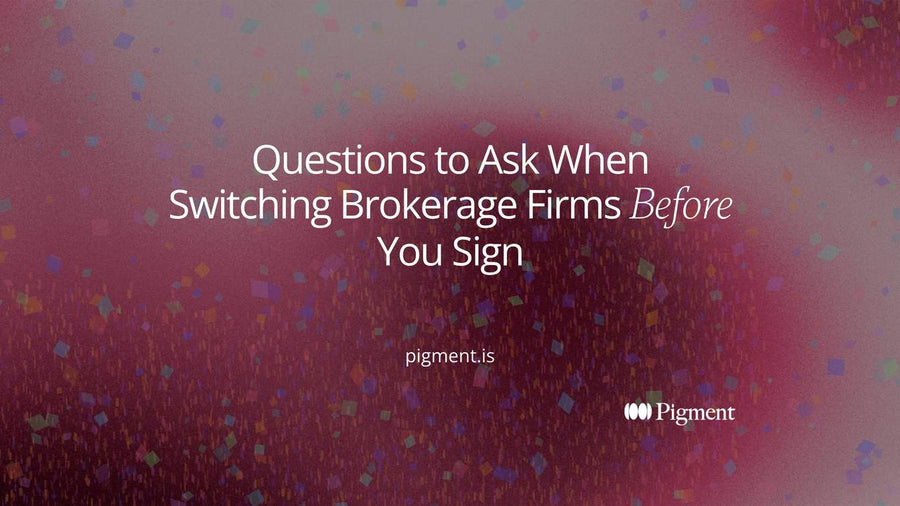 Abstract cover for a guide to questions to ask when switching brokerage firms: two clusters of geometric blocks joined by a thin path on cream.