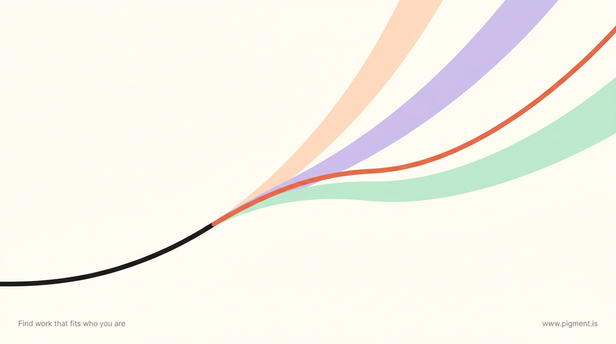 Abstract Pigment hero for quotes about career change: warm cream canvas with soft peach, lavender and mint bands branching from one line into several diverging paths.