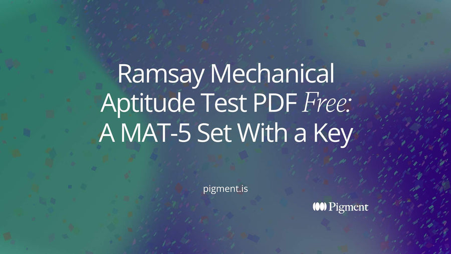 Abstract cover for a free Ramsay mechanical aptitude test PDF: four peach, lavender, mint, and ice blue squares lined up above one charcoal line on cream.