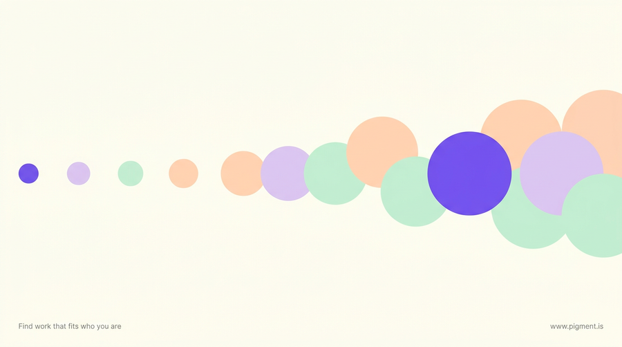 Abstract composition of sixteen circles of varying sizes on cream, four small and isolated on the left, the rest clustering larger toward the right, representing the rarest Myers-Briggs personality types against the common ones.