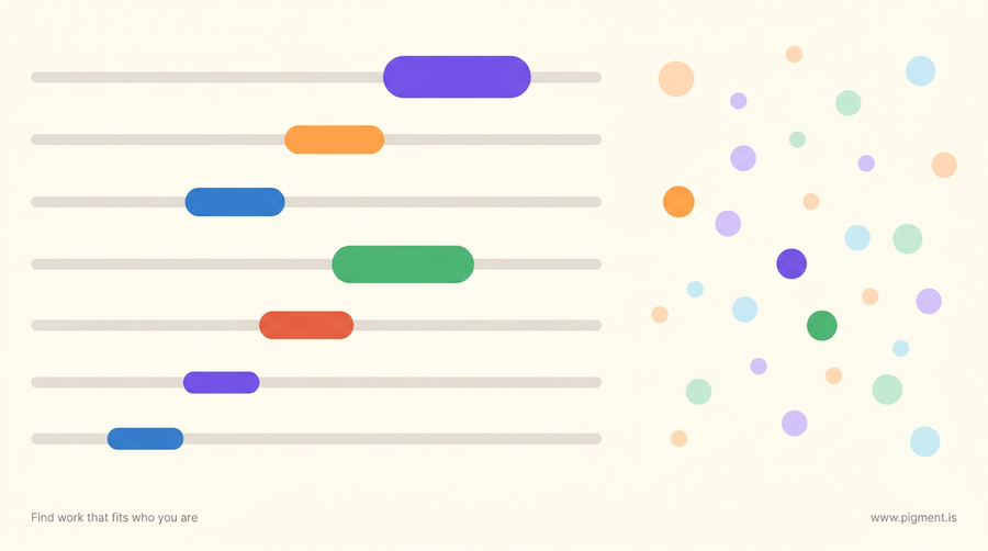 Abstract flat vector composition of seven horizontal slider tracks with rounded markers set at different positions, facing a loose field of small circles, in peach, lavender, mint and ice blue on warm cream.