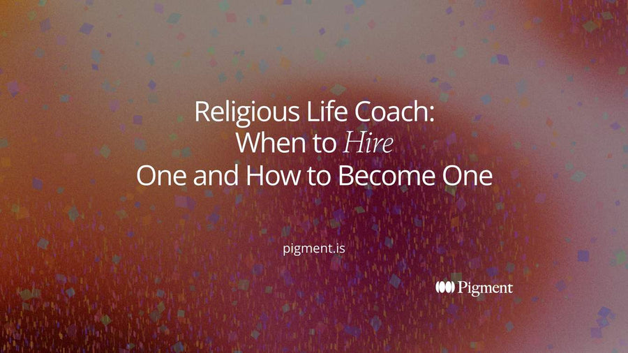 Abstract cover for a guide to the religious life coach: four pastel circles around one violet dot, with two thin paths leading away, for hiring a coach or becoming one