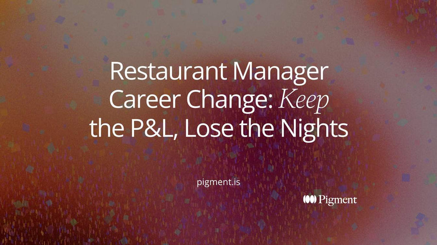 Abstract cover for a restaurant manager career change guide: a dark night band on the left giving way to a wide cream daylight field with pastel bands and one violet dot