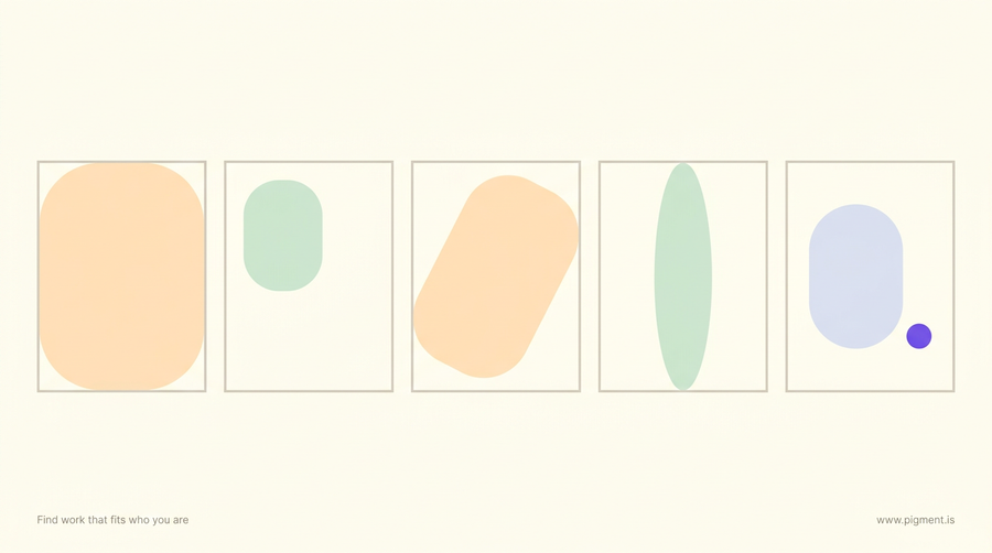 Abstract composition on warm cream: five thin frames in a row each holding the same rounded shape; one lavender shape fits perfectly while peach and mint shapes sit cramped, floating, or tilted in ill-fitting frames