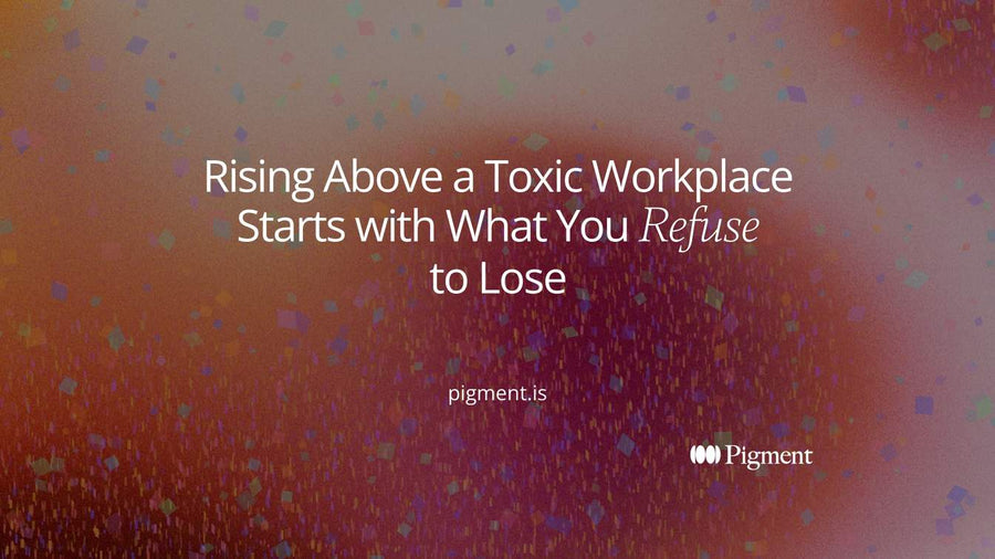 Abstract cream composition of four small pastel shapes held inside one violet outline, for rising above a toxic workplace by guarding what matters most.