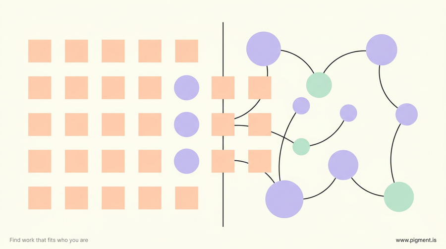 Abstract composition for S versus N in Myers-Briggs: an ordered grid of peach squares on one side, loose lavender and mint circles joined by thin arcs on the other, divided by a single charcoal line.