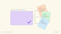 Abstract flat-vector scene of a software exam: a lavender application window with a colored toolbar strip beside peach, mint, and ice-blue document shapes and a small violet check, on warm cream.