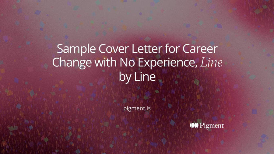 Abstract Pigment-style composition on cream: five stacked horizontal bars like letter paragraphs, one marked in violet, evoking a sample cover letter for career change with no experience.