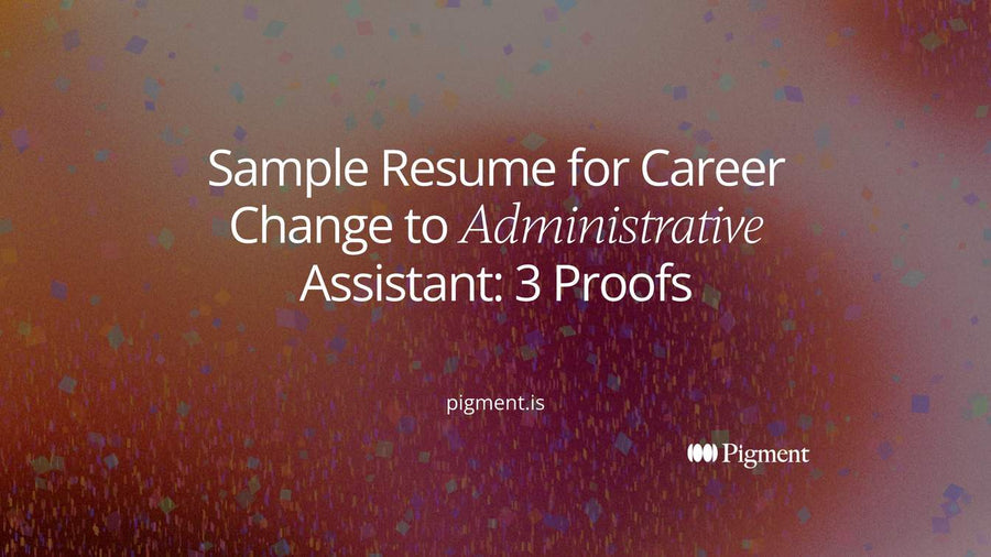 Abstract Pigment-style composition on cream: one sheet with three short highlighted lines, evoking a sample resume for career change to administrative assistant built from a retail job.