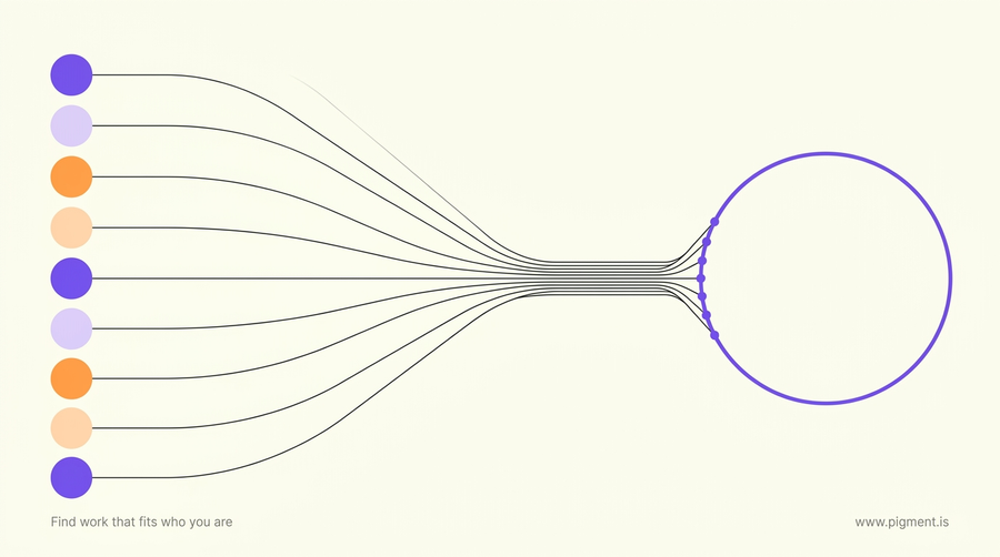 Abstract geometric composition: a column of nine small coloured circles on the left connected by thin lines that converge into one large open ring on the right, on a warm cream background