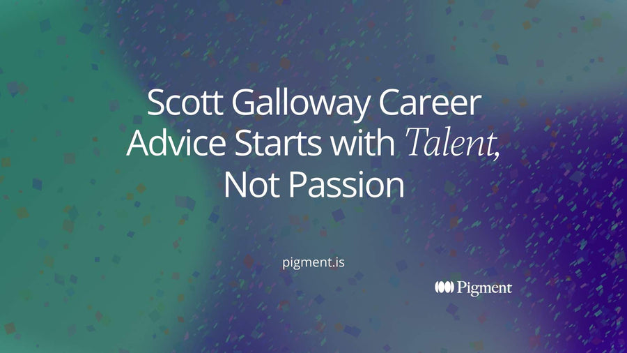 Abstract composition on warm cream: a small charcoal dot grows into a stack of widening pastel bands, suggesting Scott Galloway career advice that talent builds up over time
