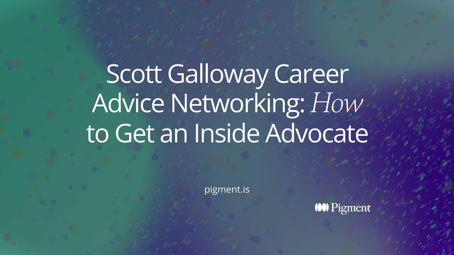 Abstract cover for a guide to Scott Galloway career advice networking: one violet circle linked to a shape inside a frame while many gray circles wait outside
