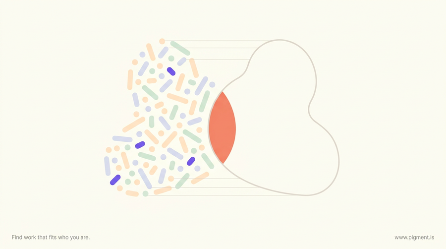 Abstract composition in warm cream, peach, lavender and mint: a soft pastel cluster shaped like a working self beside a thin-outlined mirror of it, offset just enough that a small coral lens marks where the two agree