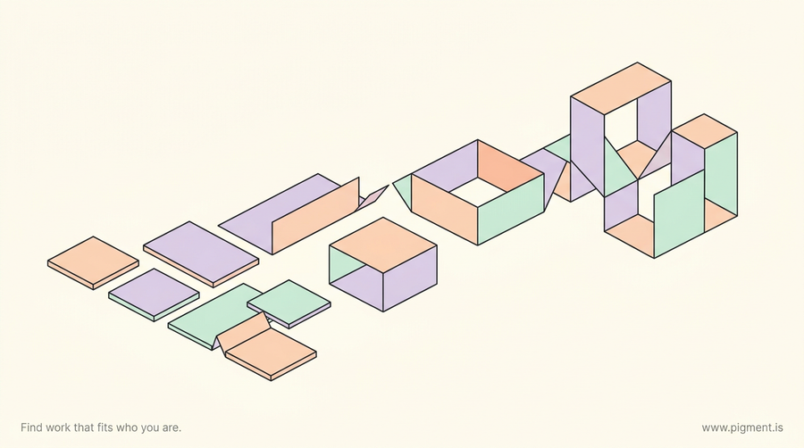 Abstract flat vector art of flat metal sheets folding into simple three-dimensional duct and box shapes, in peach, lavender, and mint on a cream background.