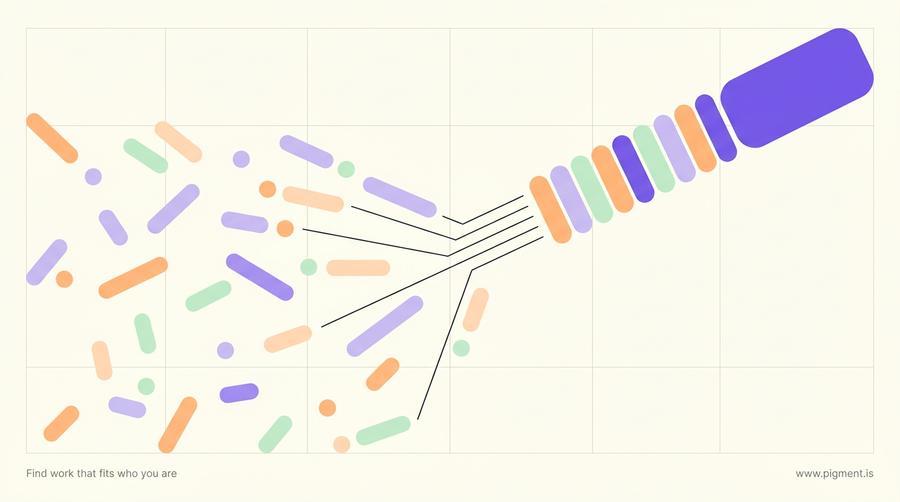 Abstract flat-vector art on warm cream: many small peach, lavender, and mint pill shapes scattered on the left gather into one confident row pointing to a single violet block on the right.