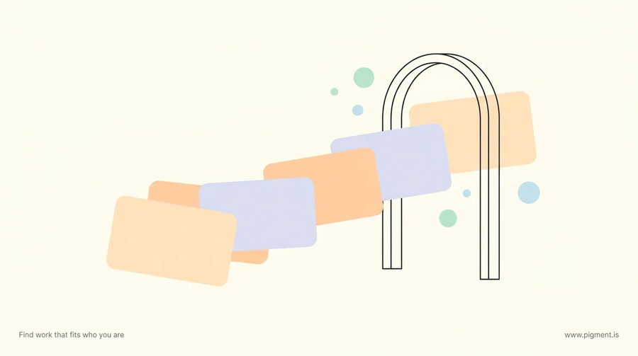 Abstract Pigment illustration of document cards drifting through a simple archway, evoking a CPA skills assessment for Australian skilled migration.