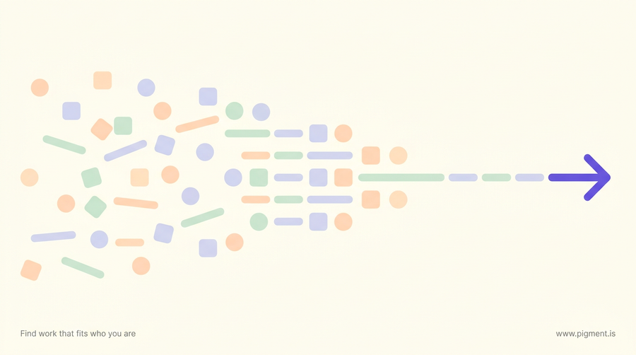 Abstract composition of many small pastel skill tokens on the left gathering and narrowing into a single directional arrow-path on the right, on a warm cream field, with no text