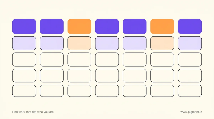 Abstract flat-vector hero for a skills competency assessment template: seven columns of rounded rectangles rising in five steps, violet and orange peaks on a warm cream field.