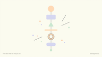 Abstract warm geometric composition in peach, lavender, and mint on cream: a loose vertical column of soft shapes descending a plumb line, evoking a head-to-toe physical assessment.
