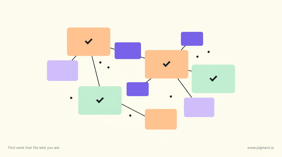 Abstract Pigment-palette constellation of rounded peach, lavender, and mint cards linked by thin charcoal lines with small check marks, evoking a connected set of nursing skills modules.
