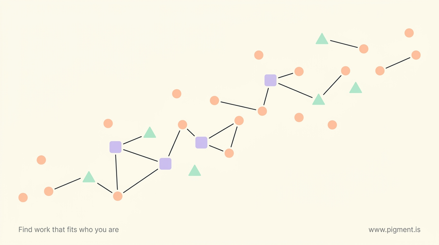 Abstract constellation of small peach, lavender, and mint geometric shapes connected by thin charcoal lines on a warm cream background, suggesting the reasoning a software aptitude test measures.